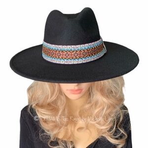 HAT Black Fedora Felt Hat Attached Tribal Print Hat Band New Cowboy Western …